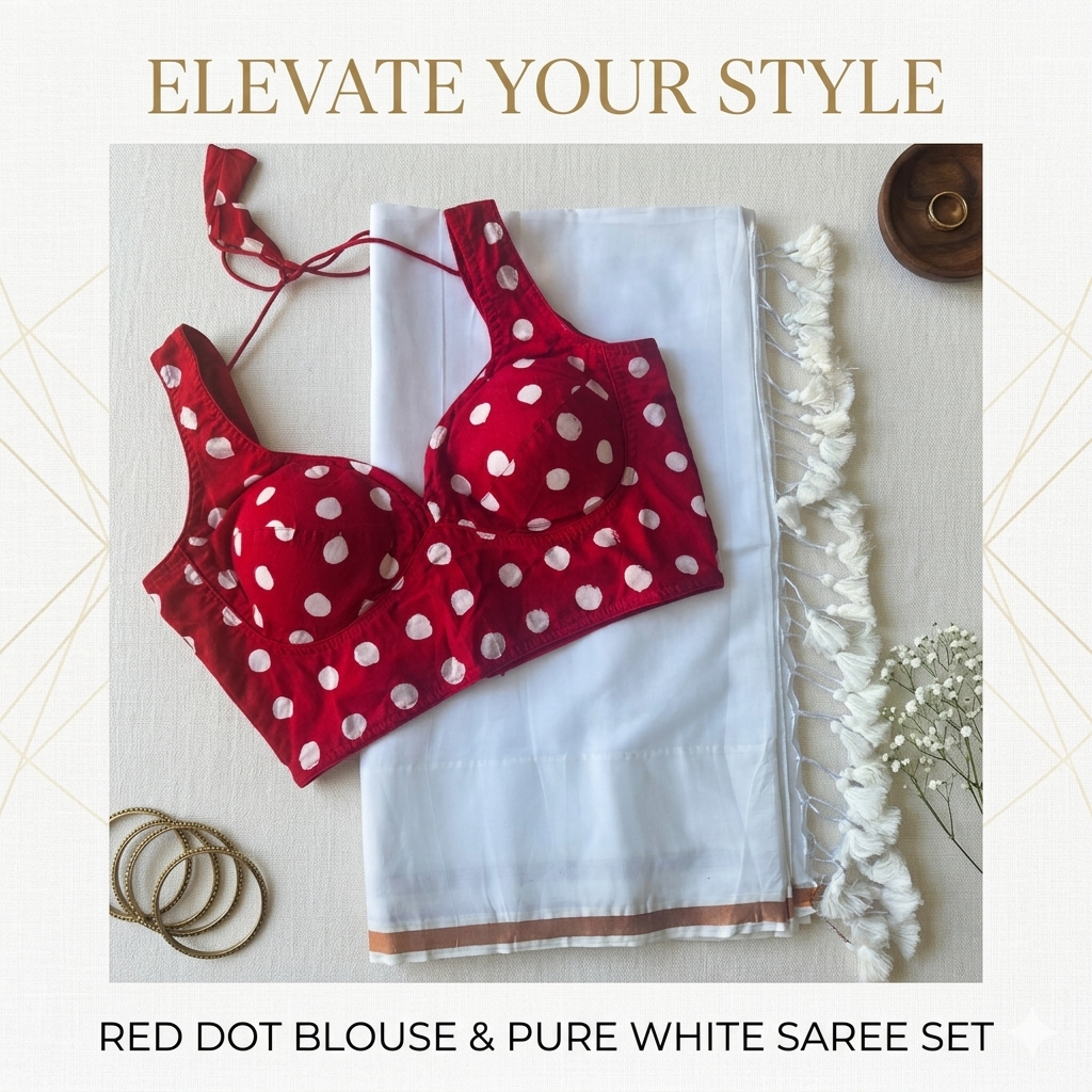 Pure Mul Cotton Saree & Blouse Combo - White & Red