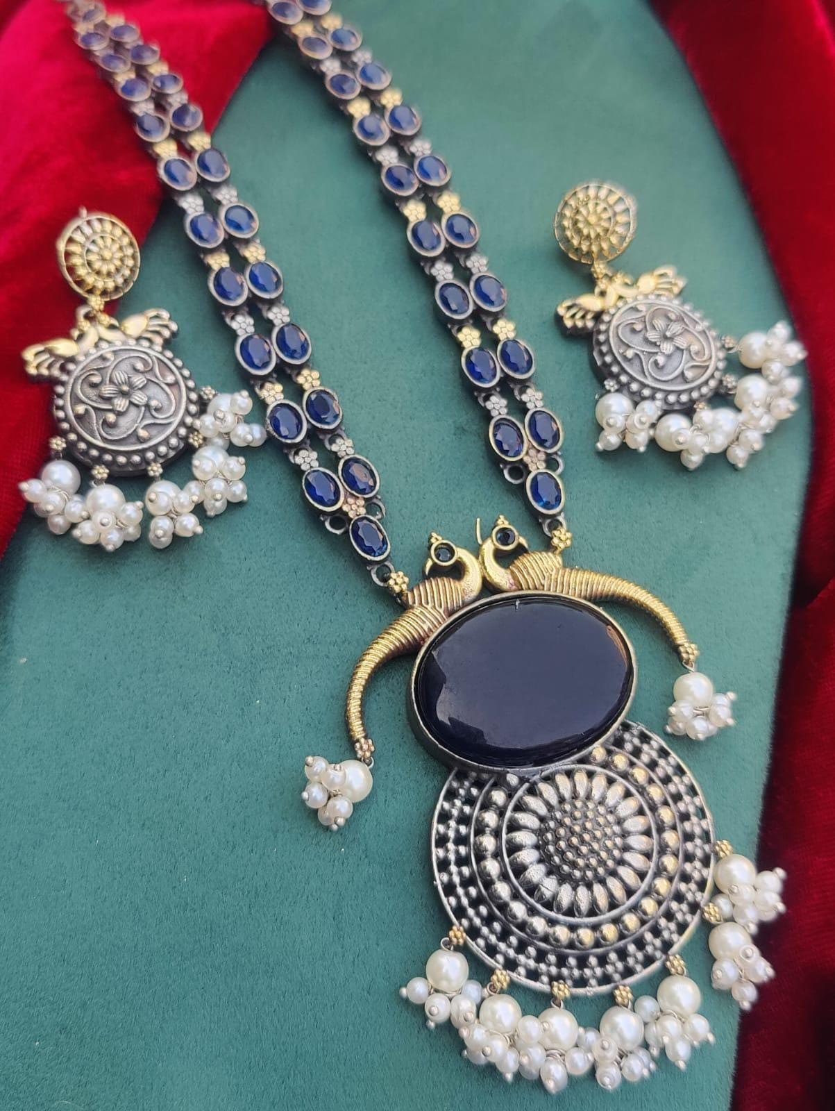 Dual Tone Oxidized German Silver Pendant Necklace Set with Earrings