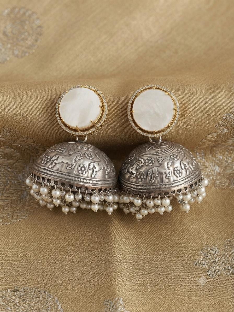 Dual Tone Oxidised Jhumka Earrings, Kundan Pearl Drop Statement Jewellery.