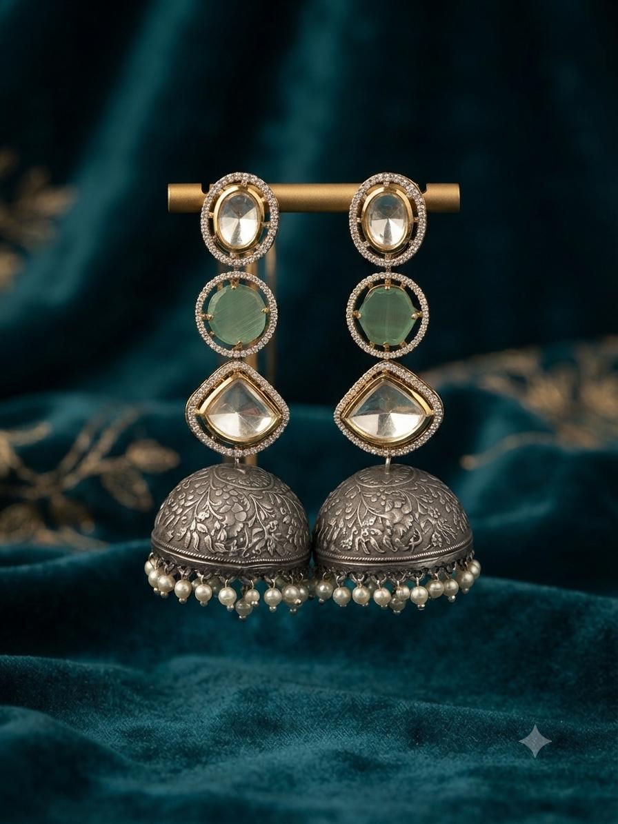 Dual Tone Oxidised Jhumka Earrings, Kundan Pearl Drop Statement Jewellery.