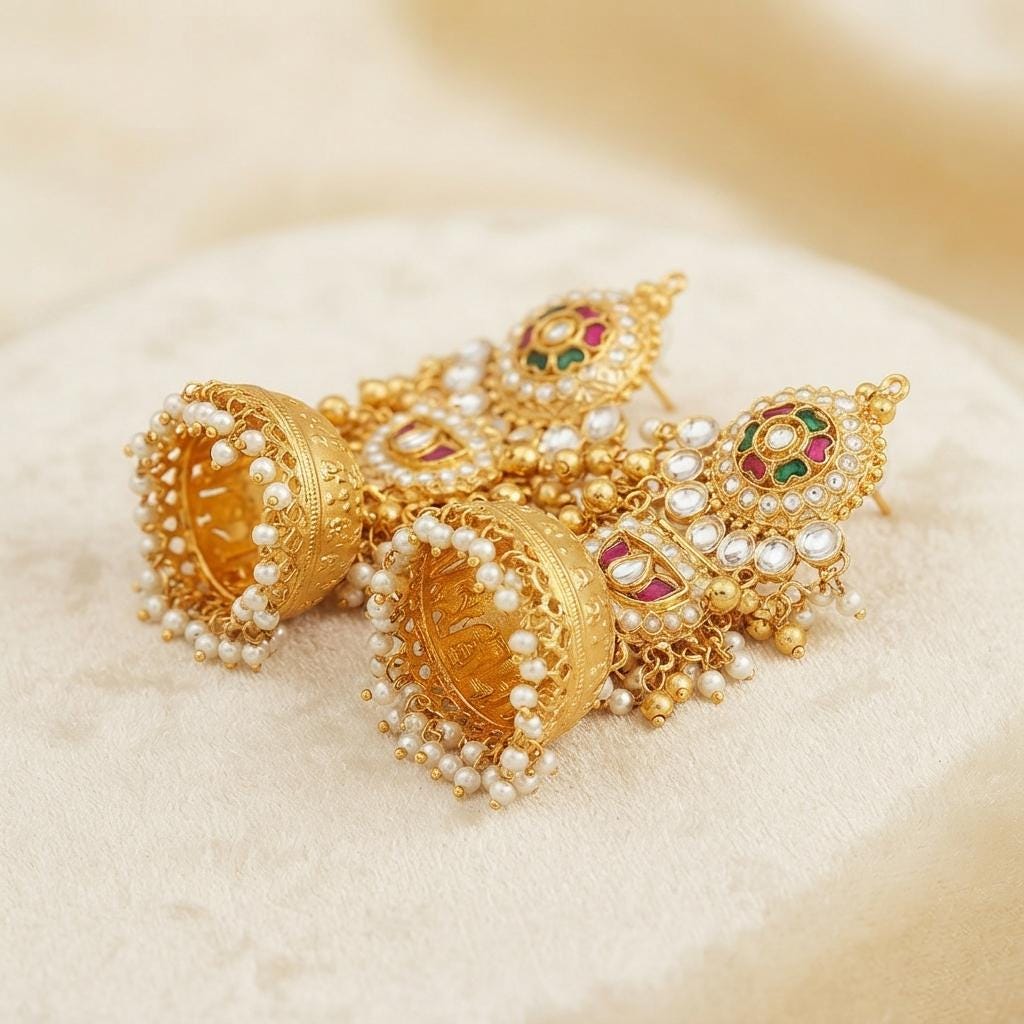 Gold Jhumka Earrings ,Traditional Indian Statement Earrings, Bridal Wedding Jewellery, Pearl & Kundan Style Earrings