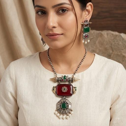 Dual Tone Oxidized German Silver Pendant Necklace Set with Earrings