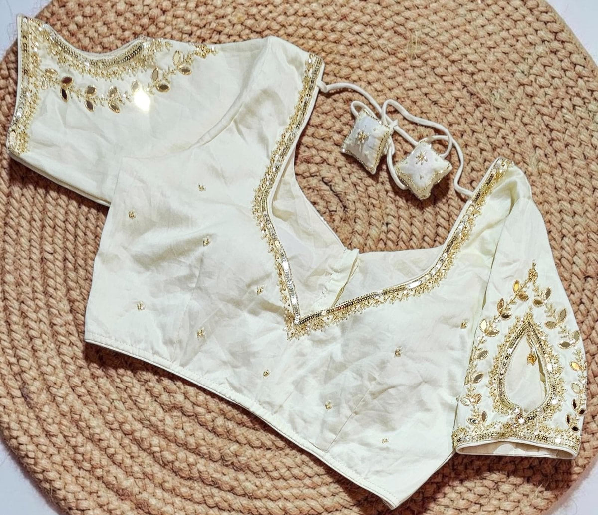 Silk Readymade Saree Blouse, Glass Sleeves, Heavy Tassels, Back Hook & Eye