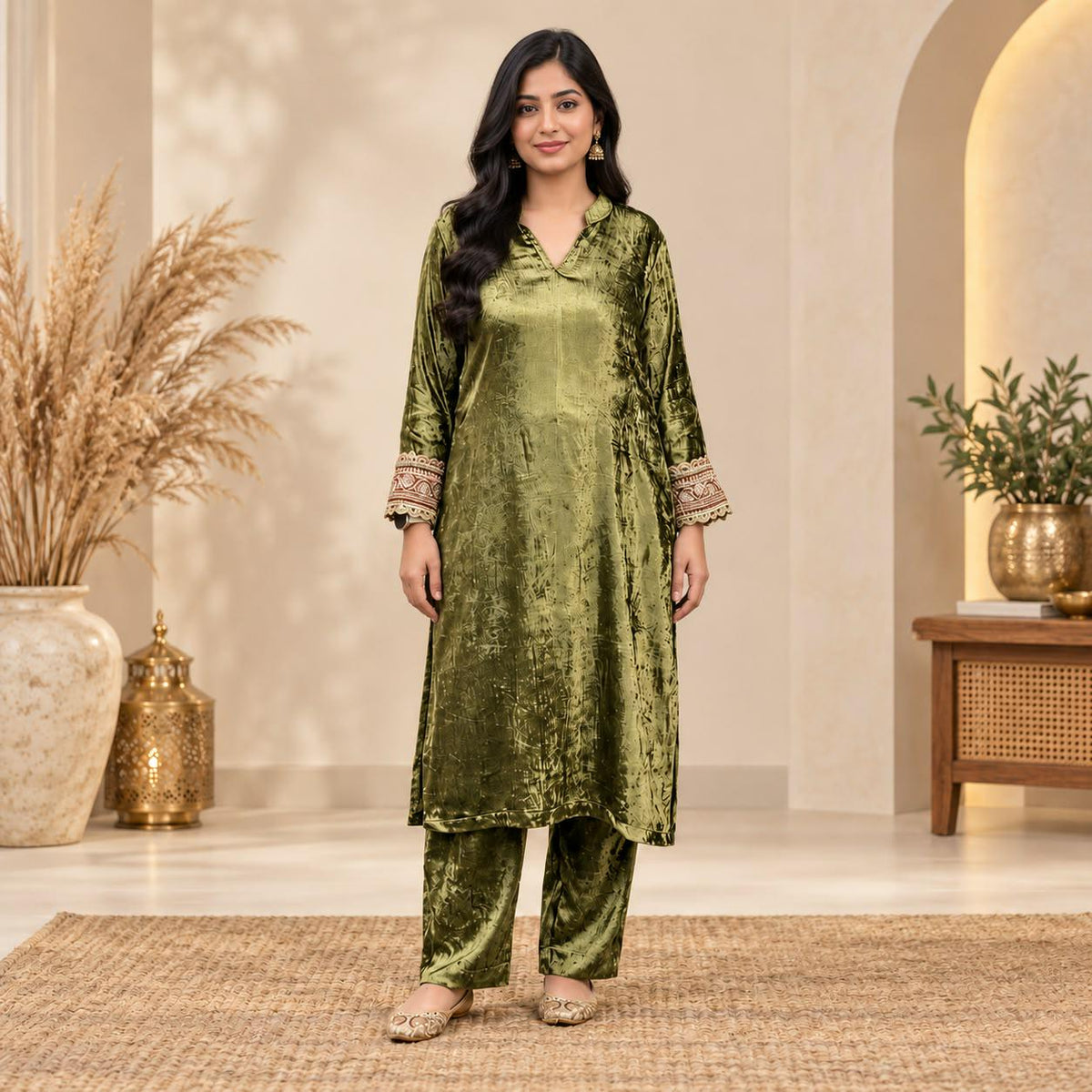 Elegant Olive Green Velvet Co-ord Set