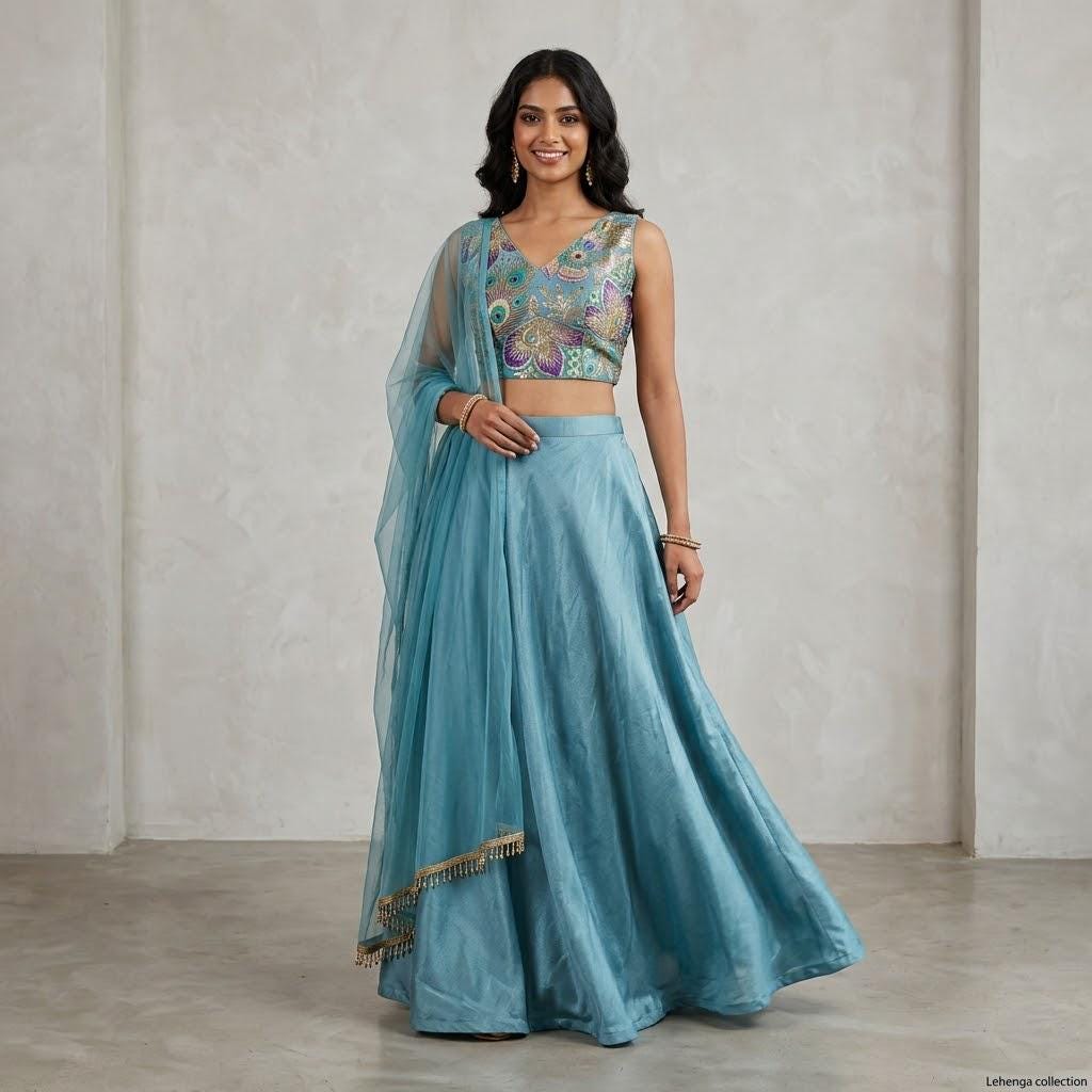 Elegant Sky Blue Designer Lehenga Set, Ready to Wear Festive Lehenga