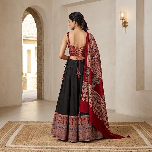 Pure Cotton Ajrakh Lehenga Choli Set, Navratri Lehenga.