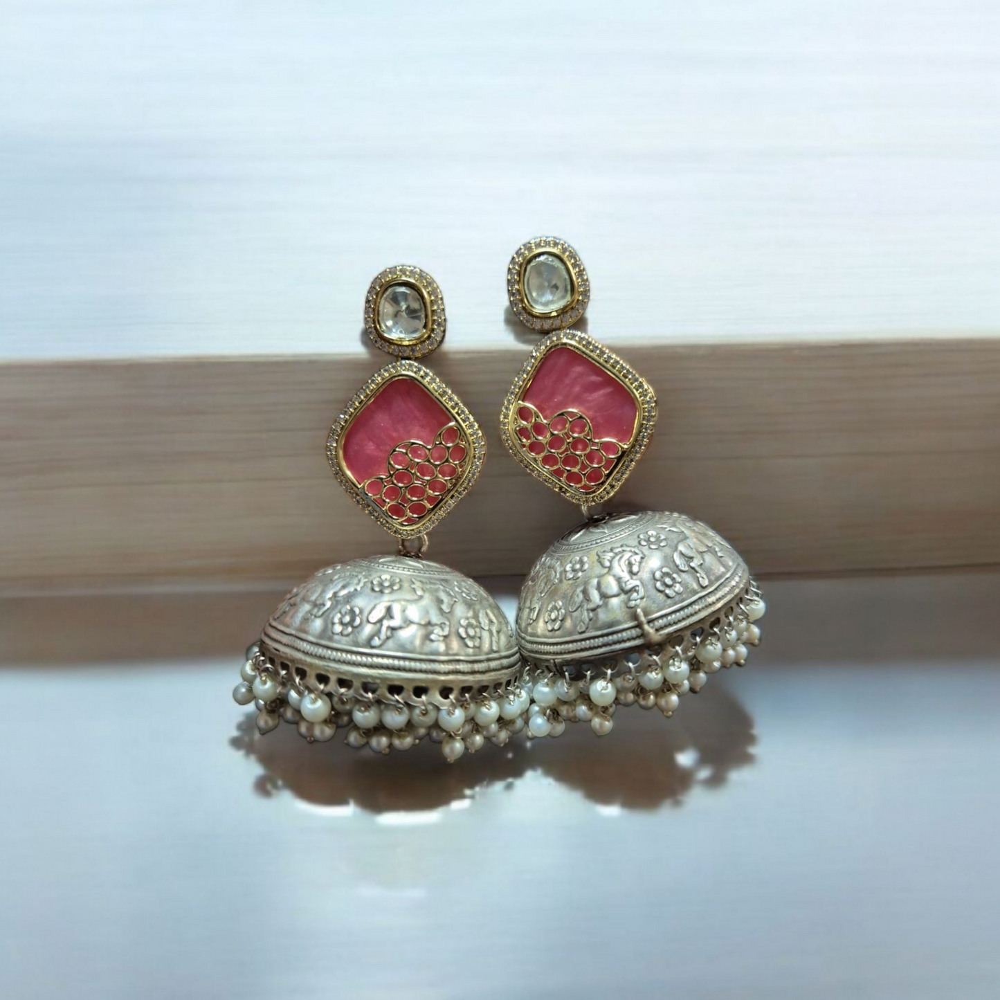 Aarohi | Silver Fusion Jhumkas with Pink MOP Enamel