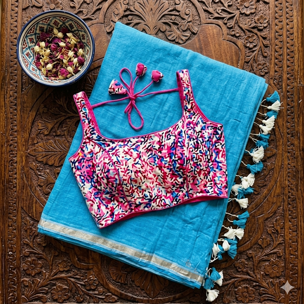 Pure Cotton Saree Blouse Combo - Blue & Pink