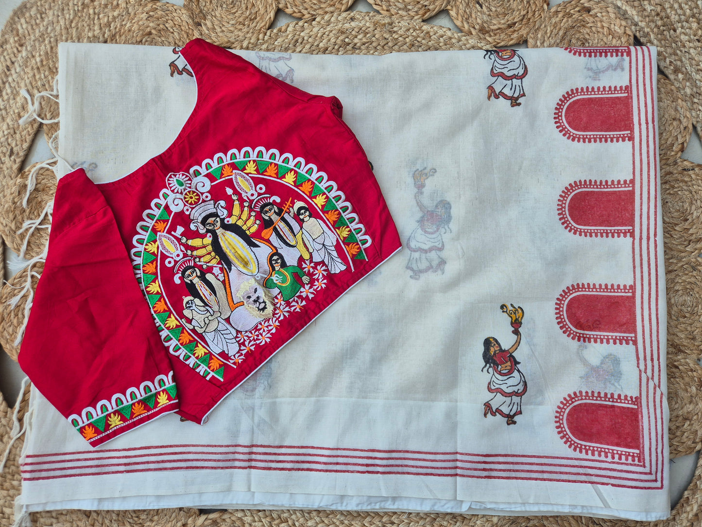 Durga Puja Special Handloom Saree with Durga Embroidered Blouse