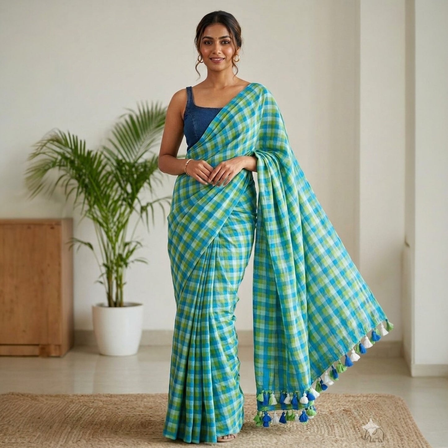 Blue Green Checked Cotton Handloom Saree with Tassels