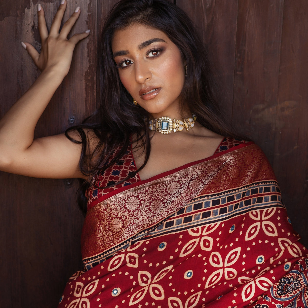 Dola Silk Ajrakh Saree with Hand-Embellished Mirror Work