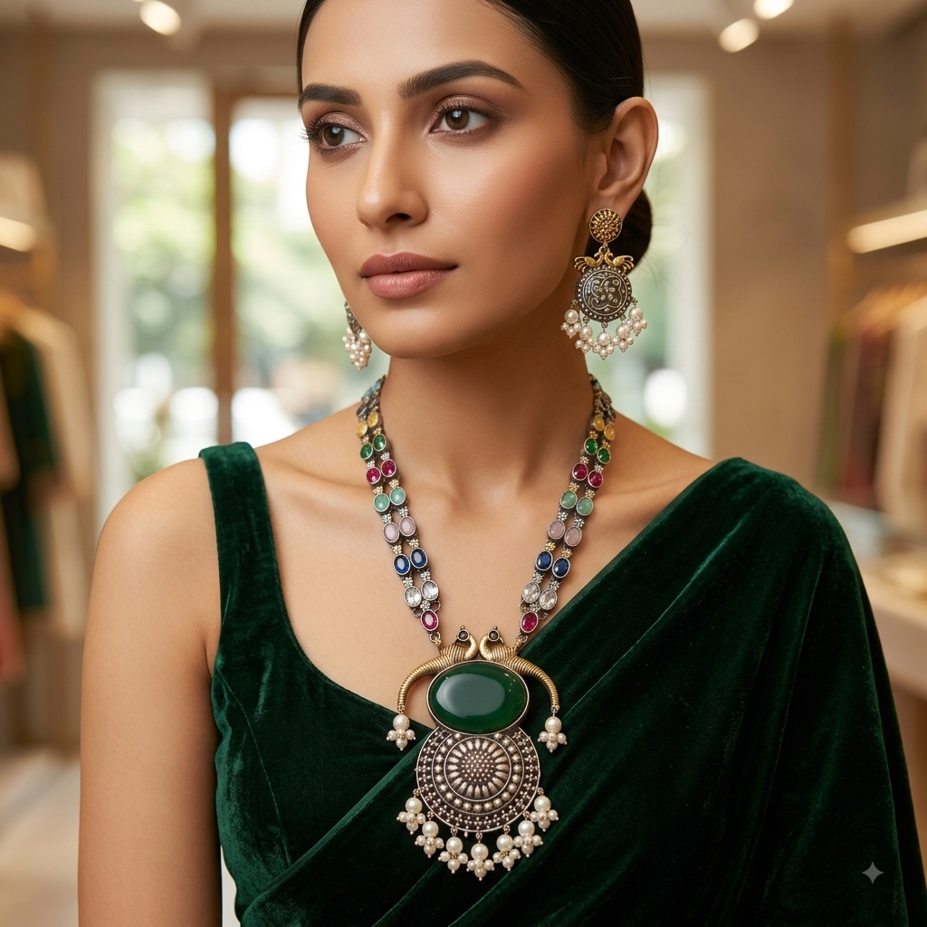Dual Tone Oxidized German Silver Pendant Necklace Set with Earrings