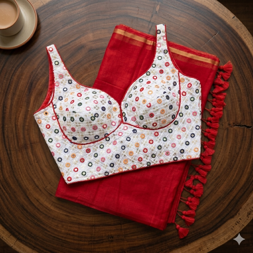 Pure Mul Cotton Saree & Blouse Combo - Red & White