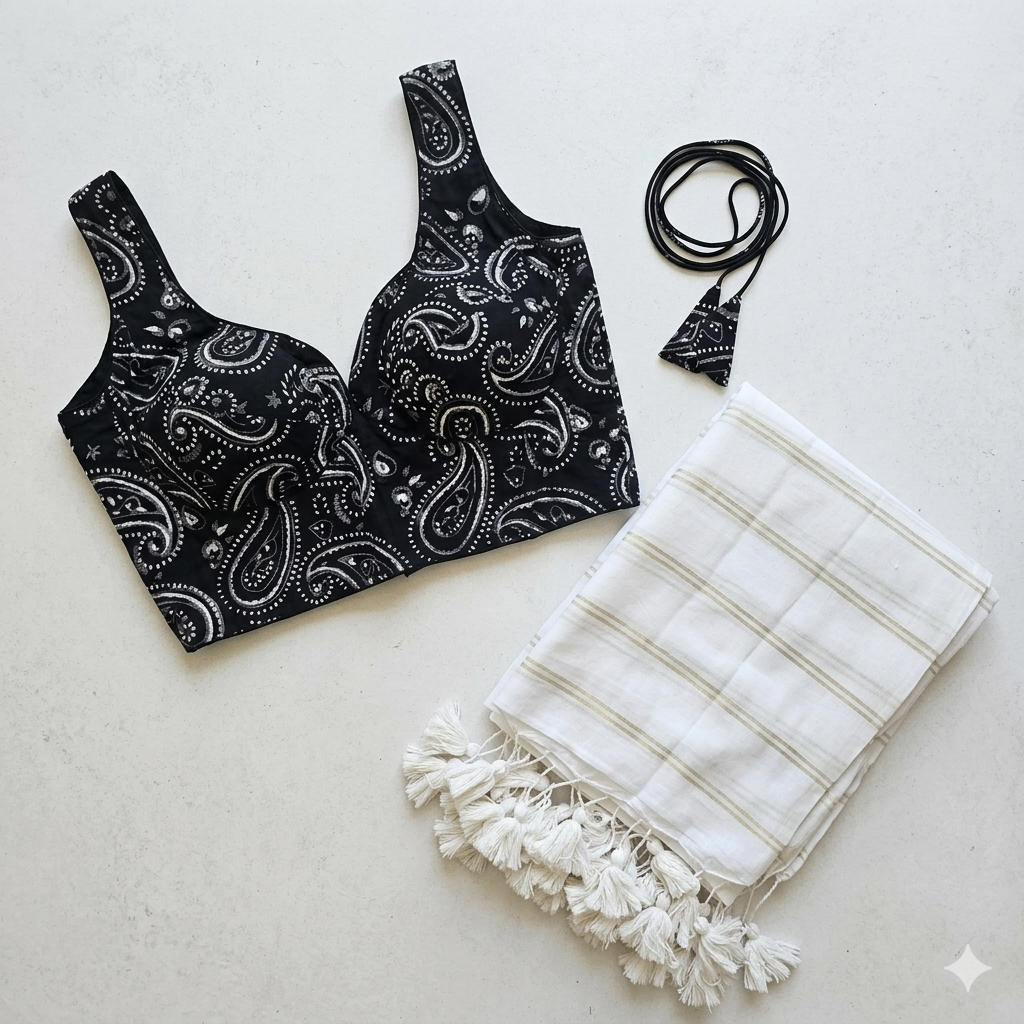 Pure Mul Cotton Saree & Blouse - Black White Combo's