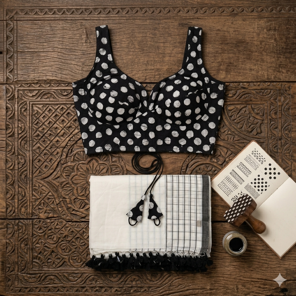 Pure Mul Cotton Saree & Blouse - Black White Combo's
