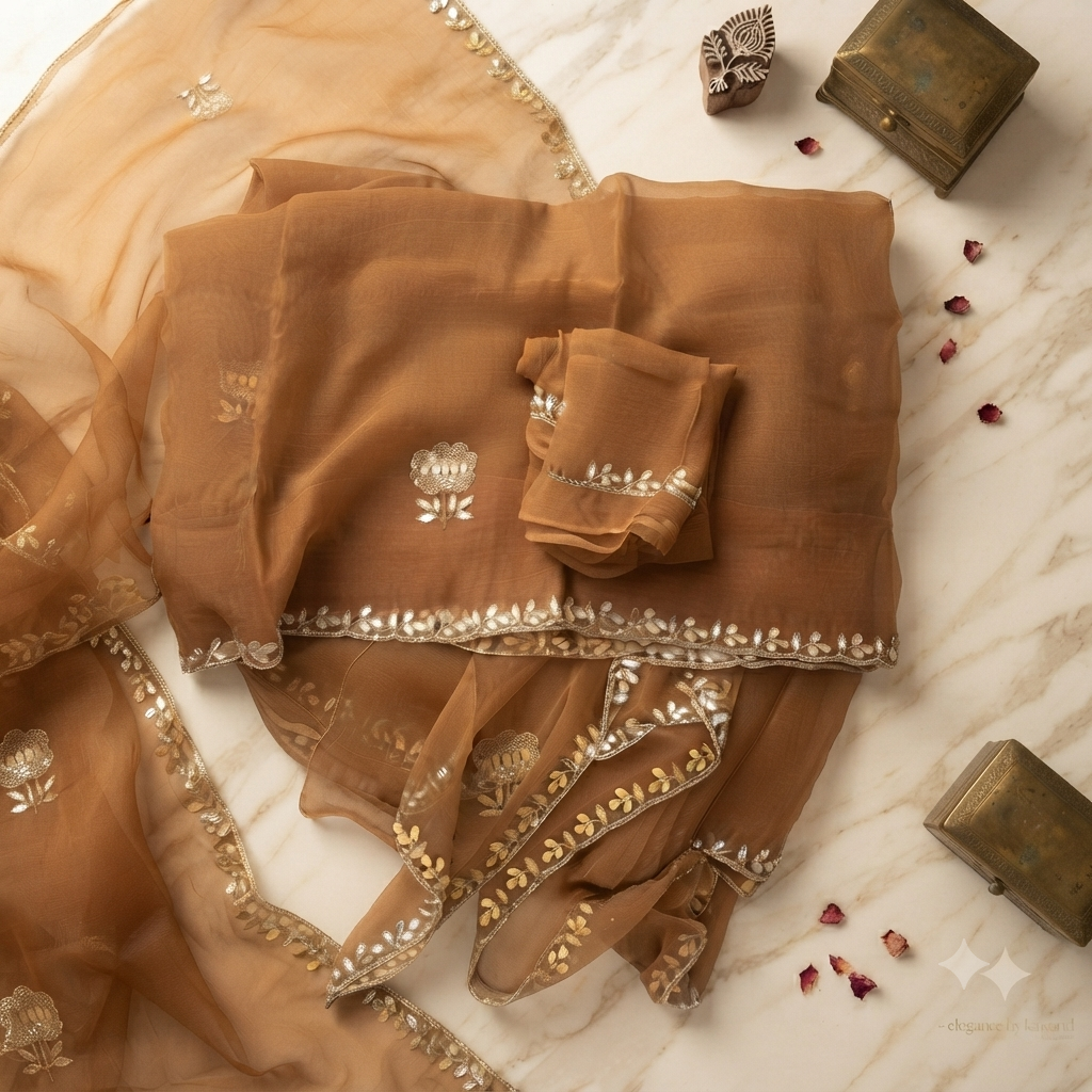 Brown Chiffon Saree with Cut Dana & Gota Patti Work | Designer Indian Saree | Embellished Wedding Saree | Festive Party Wear Saree