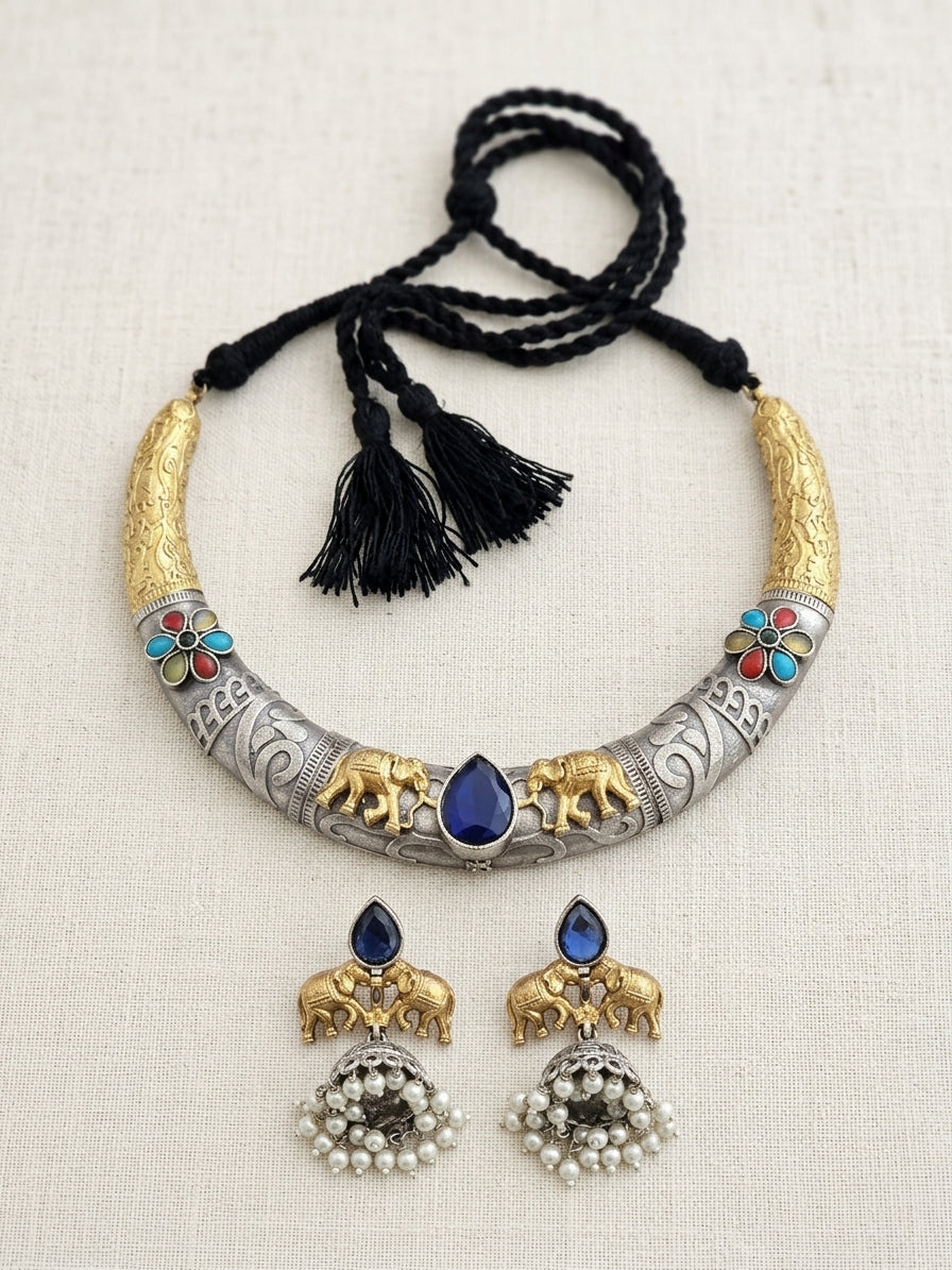 Dual Tone Elephant Hasli Necklace Set: Rajasthani Tribal Jewelry with Earrings