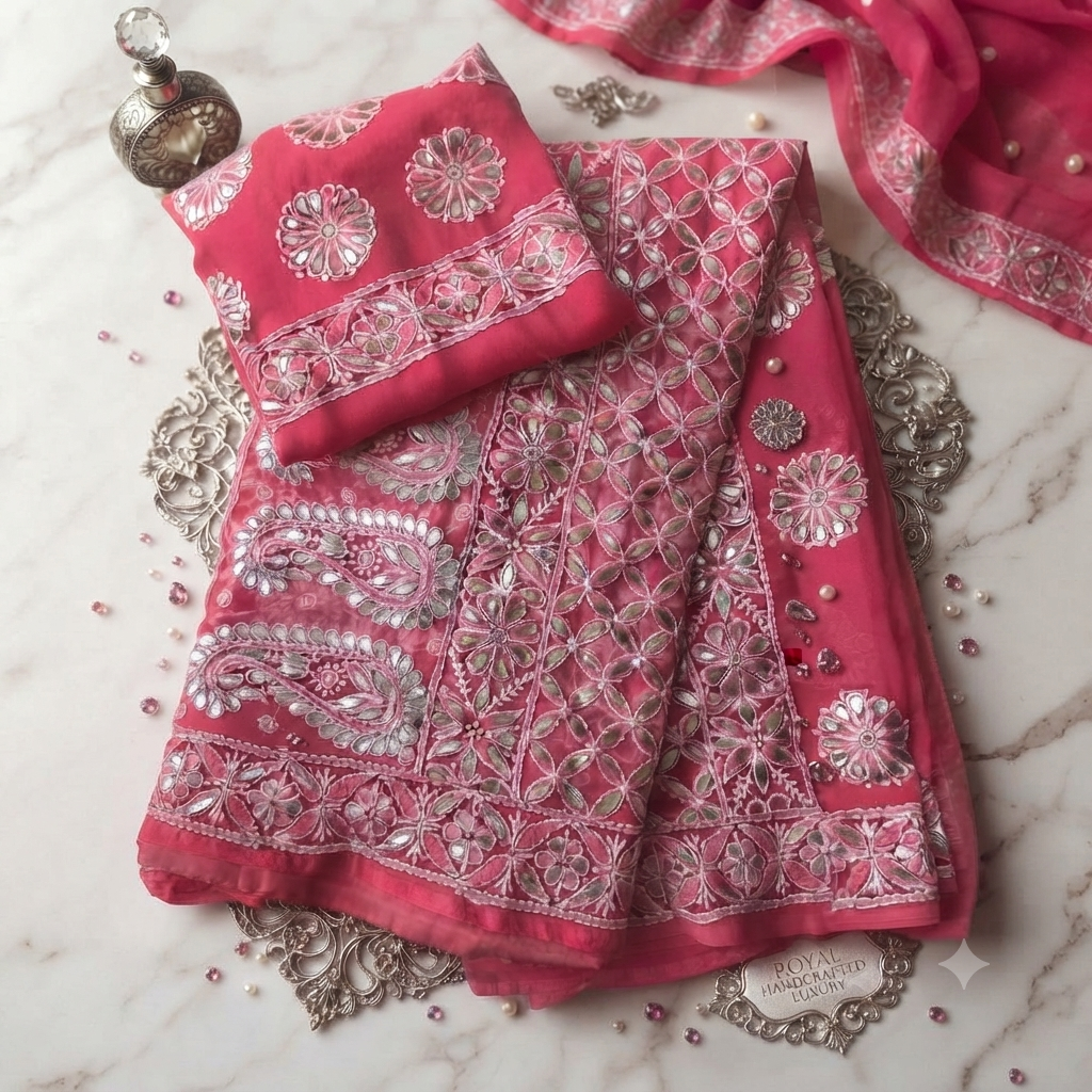 Lucknowi Georgette Chikankari Saree with Gota Patti Work