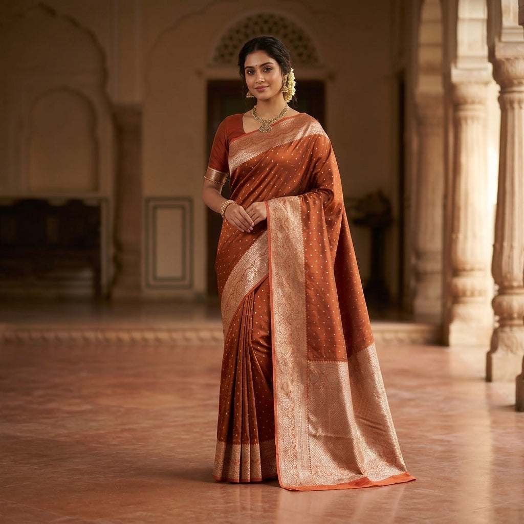 Semi Tussar Silk Banarasi Saree with Gold Zari Weaving, Festive Occasion Wear