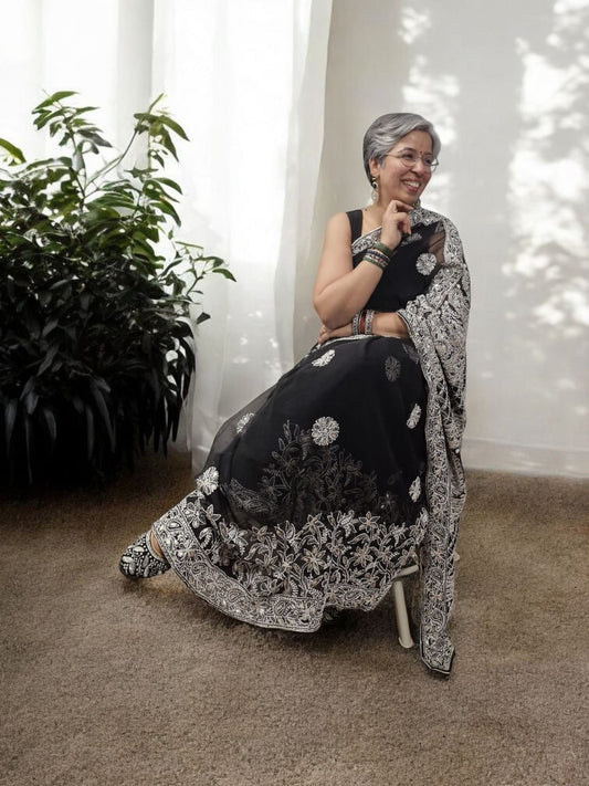 Noor-e-Nazaakat | Handcrafted Black Georgette Chikankari Saree