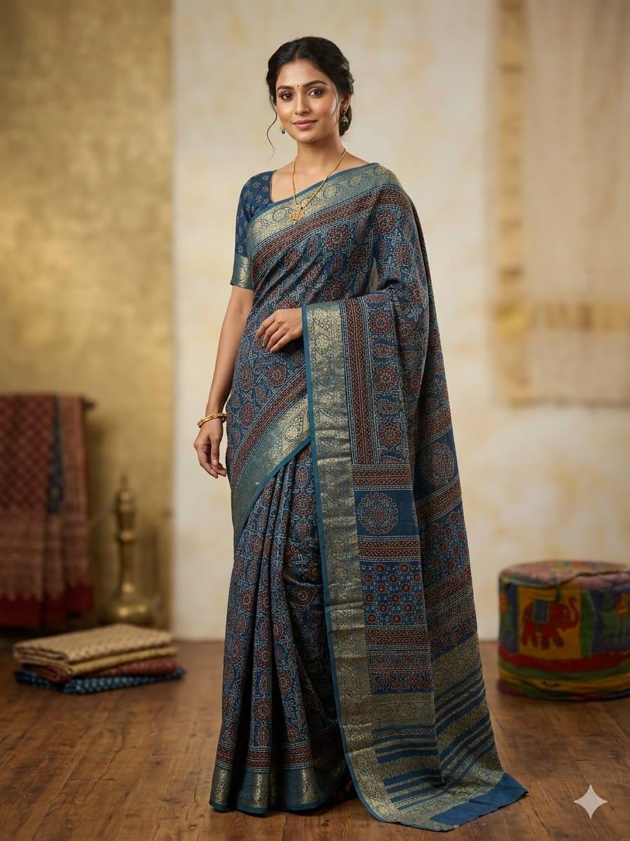 Indigo Dola Silk Saree with Ajrakh Hand Block Print and Fancy Zari Border