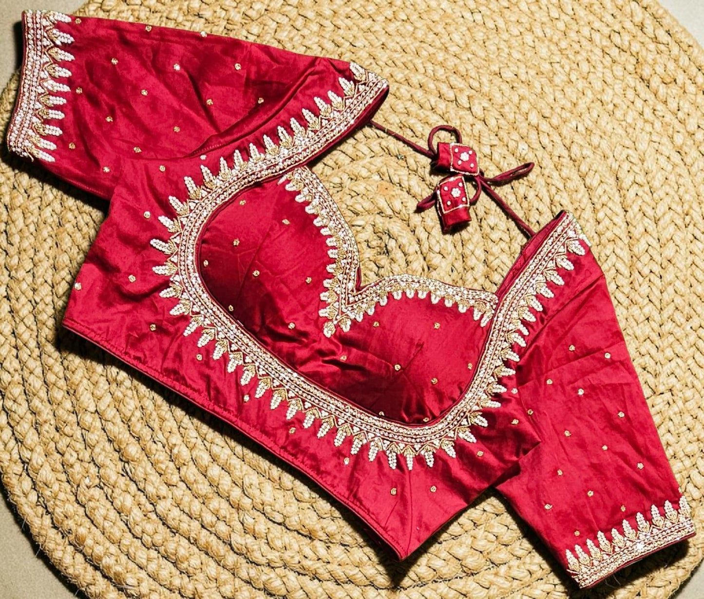 Readymade Saree Blouse, Glass Sleeves, Madhubala Cut, Heavy Tassels, Back Hook & Eye