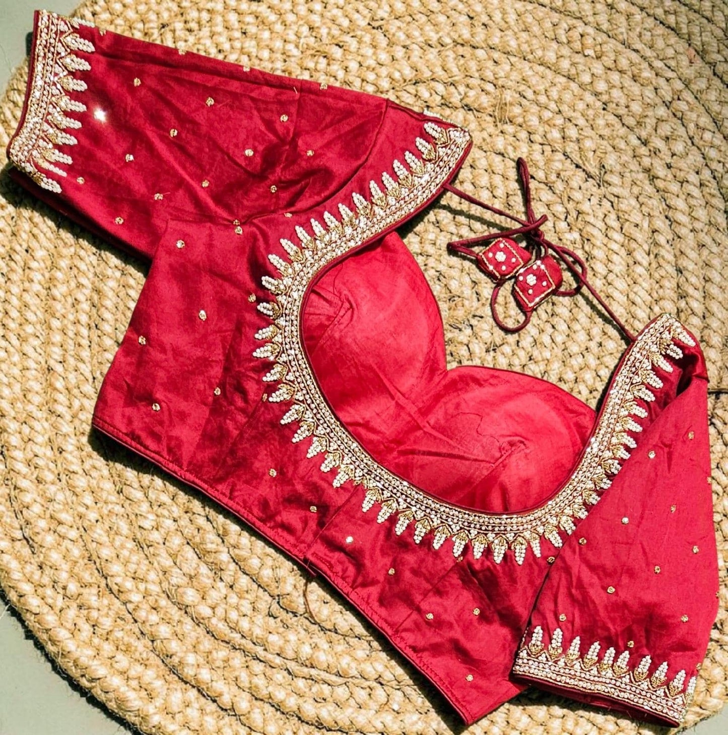 Readymade Saree Blouse, Glass Sleeves, Madhubala Cut, Heavy Tassels, Back Hook & Eye