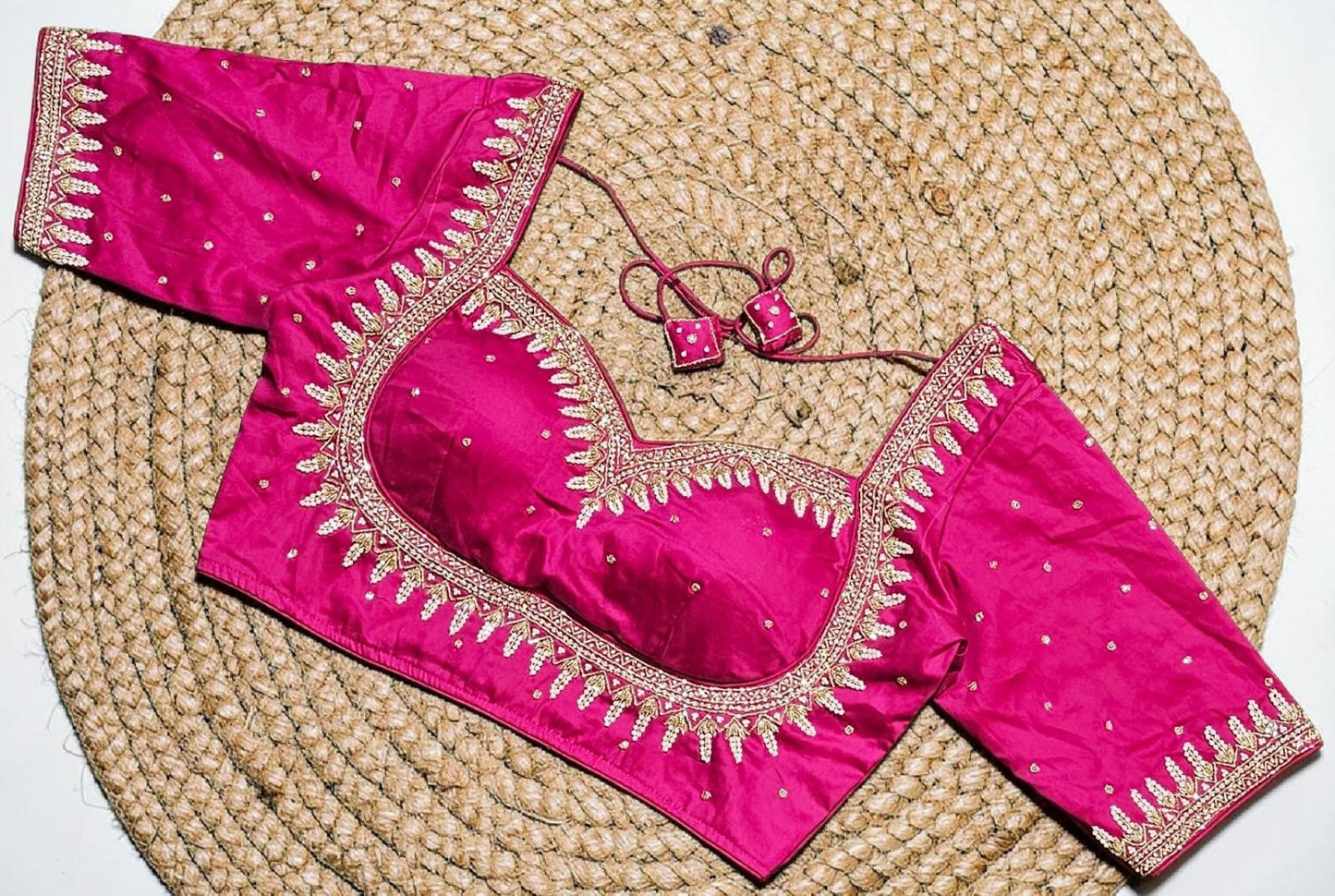 Readymade Saree Blouse, Glass Sleeves, Madhubala Cut, Heavy Tassels, Back Hook & Eye