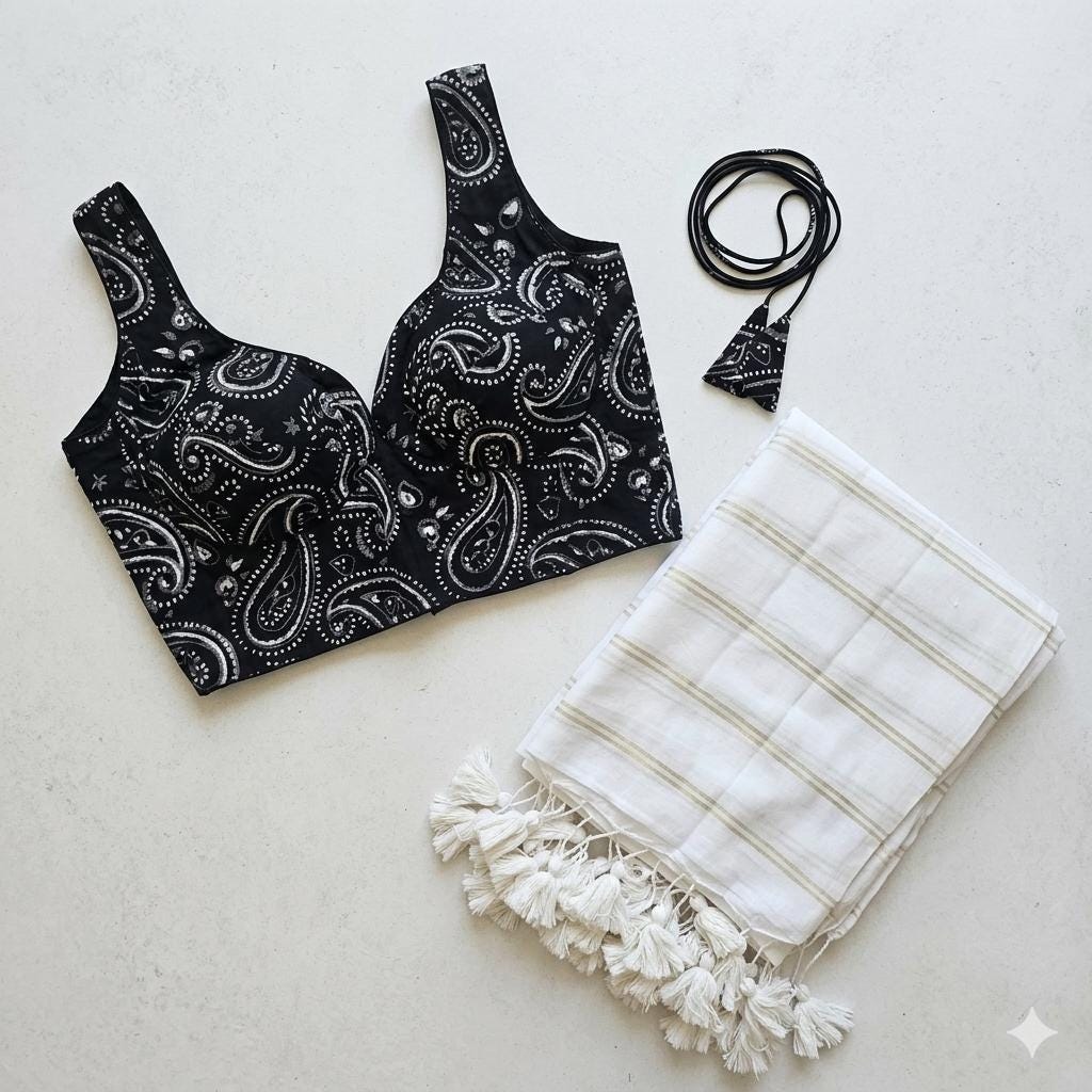 Pure Mul Cotton Saree & Blouse - Black White Combo's
