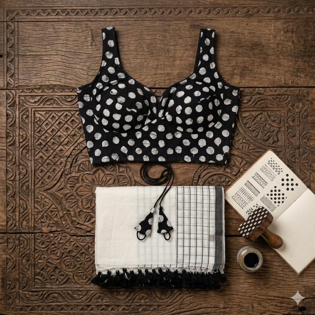 Pure Mul Cotton Saree & Blouse - Black White Combo's