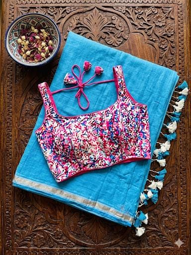 Pure Mul Cotton Saree Blouse - Blue & Pink Combo