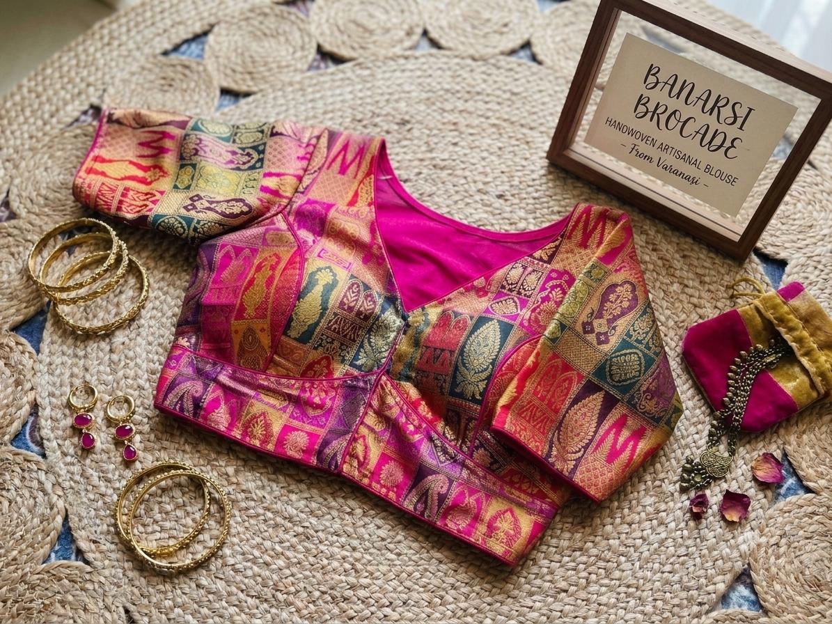 Readymade Banarsi Silk Saree Blouse | Padded, Size 36-46 | Indian Wedding Blouse UK