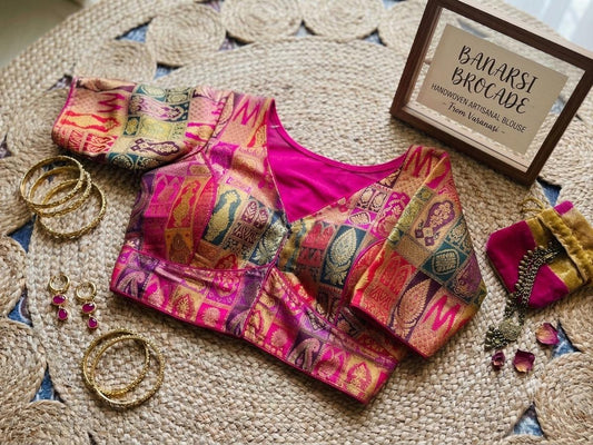 Readymade Banarsi Silk Saree Blouse | Padded, Size 36-46 | Indian Wedding Blouse UK