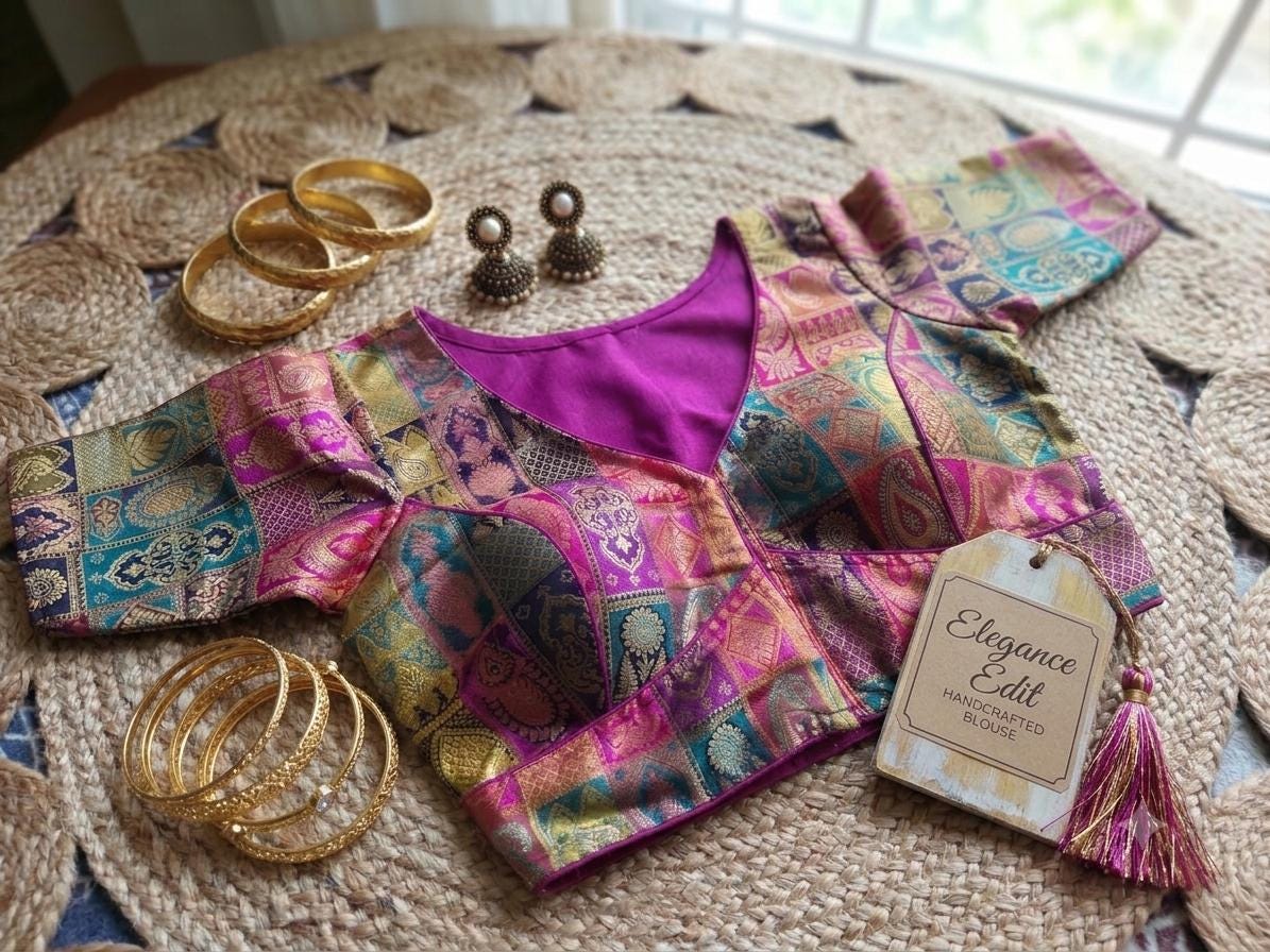 Readymade Banarsi Silk Saree Blouse | Padded, Size 36-46 | Indian Wedding Blouse UK