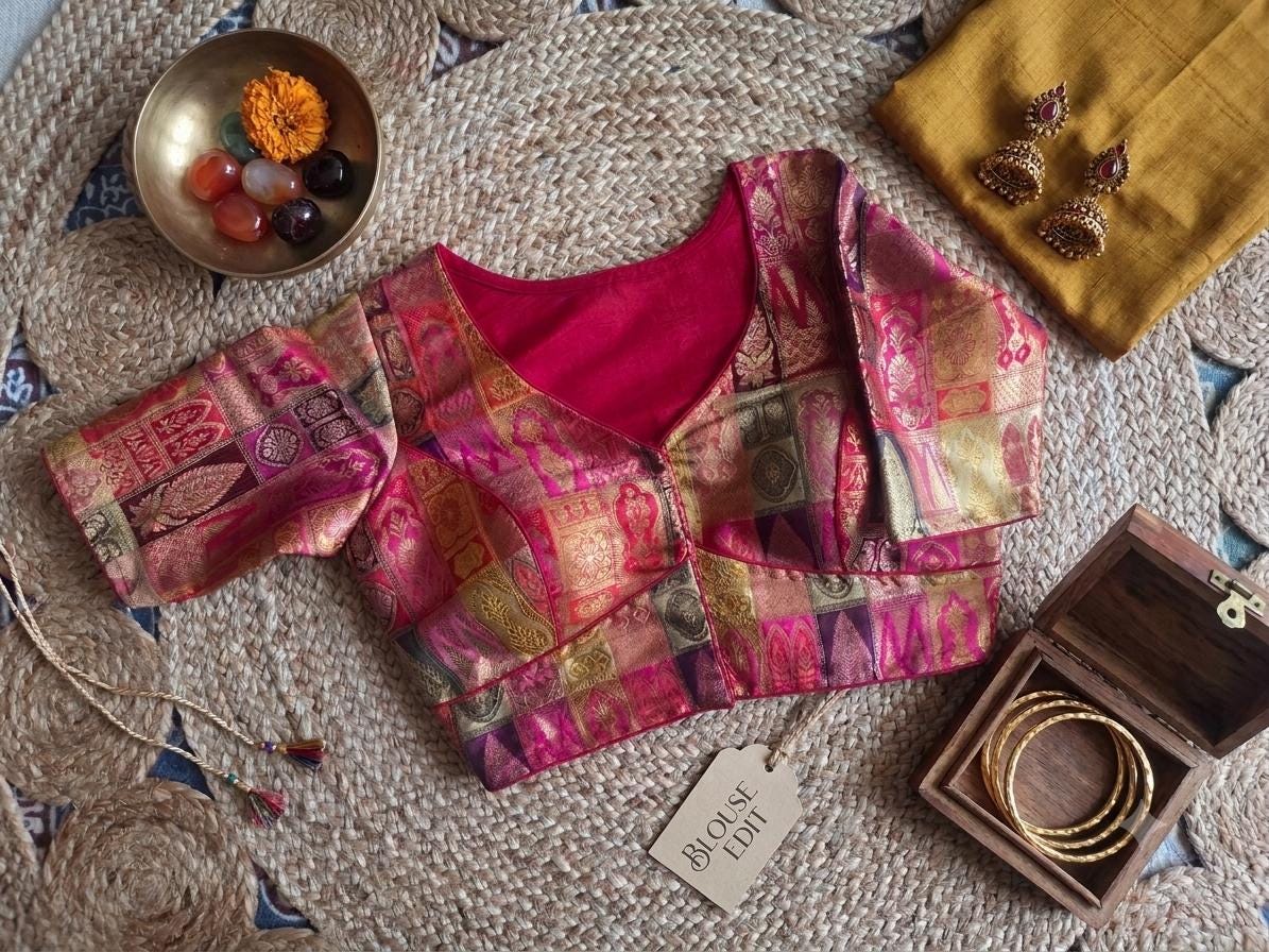Readymade Banarsi Silk Saree Blouse | Padded, Size 36-46 | Indian Wedding Blouse UK
