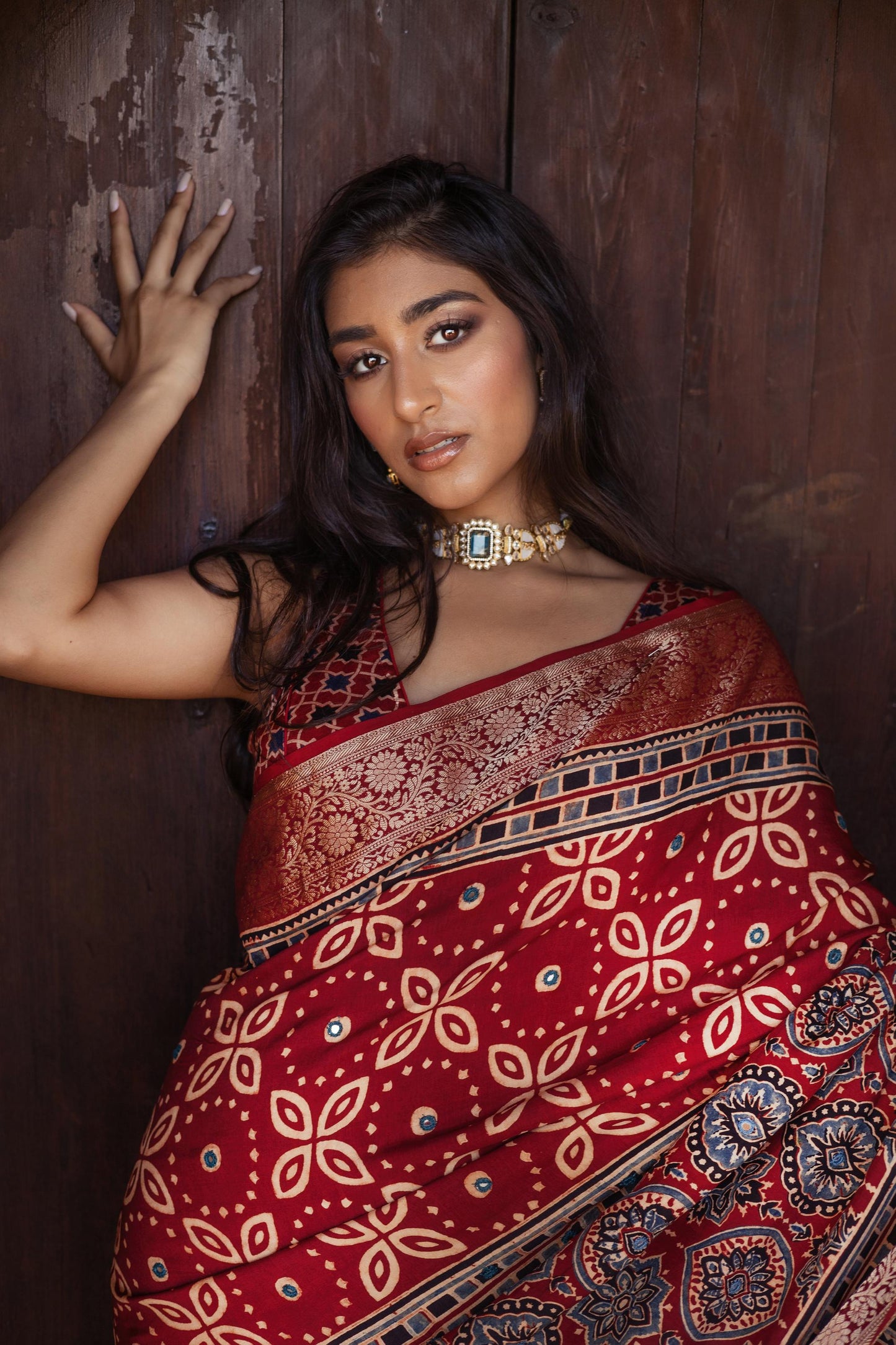 Dola Silk Ajrakh Saree with Hand-Embellished Mirror Work