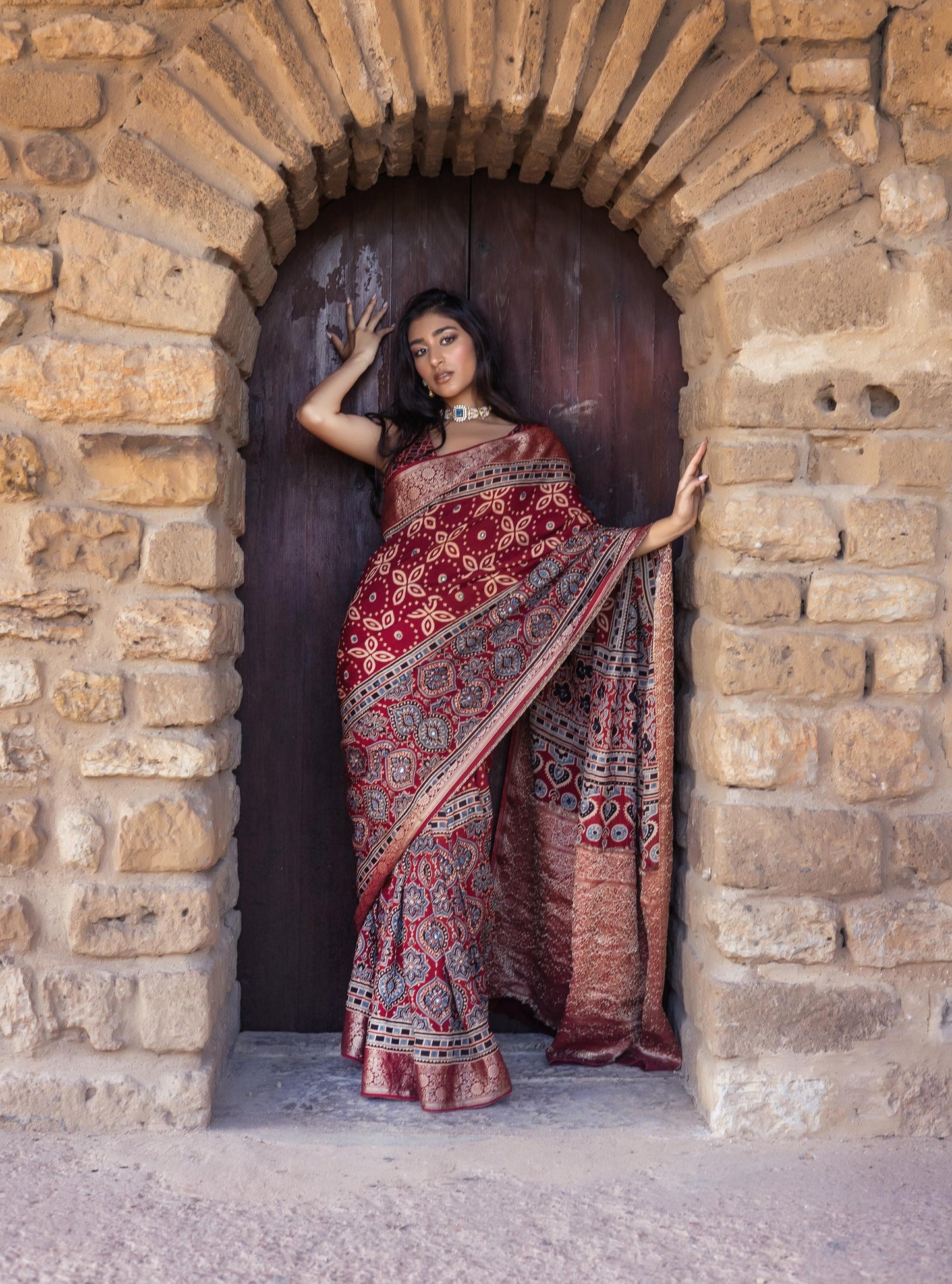Dola Silk Ajrakh Saree with Hand-Embellished Mirror Work