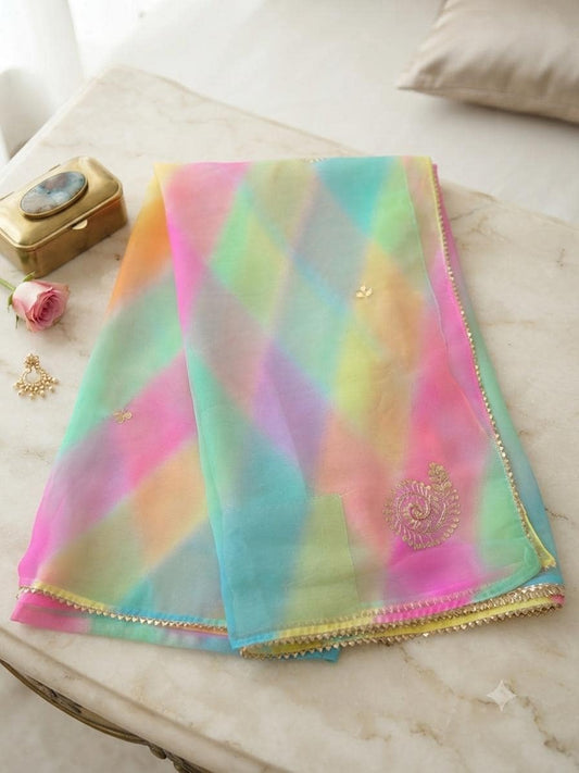Multicolor Ombre Chiffon Saree, Pastel Diamond Print, Gota Embroidery, Sequin Border, Mehendi Wear (No Blouse)