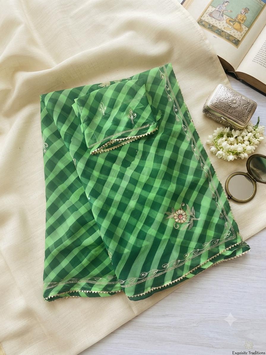 Green Leheriya Saree, Gota Embroidery, Sequin Border, Mehendi Wear