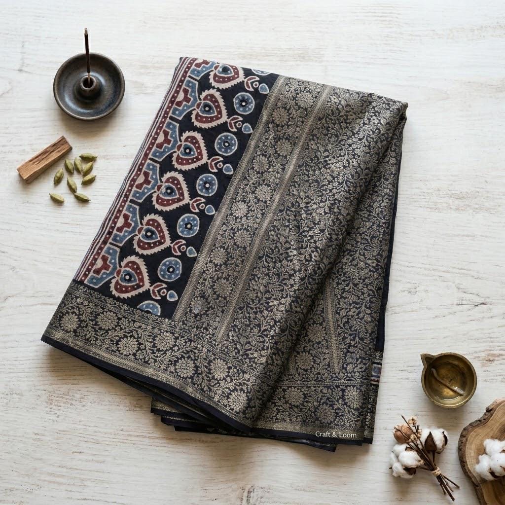 Dola Silk Ajrakh Saree with Hand-Embellished Mirror Work
