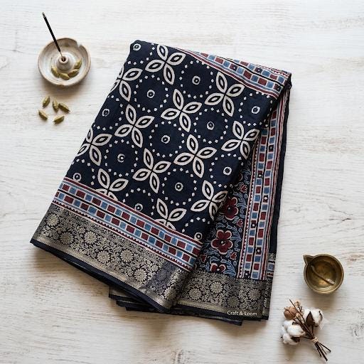 Dola Silk Ajrakh Saree with Hand-Embellished Mirror Work