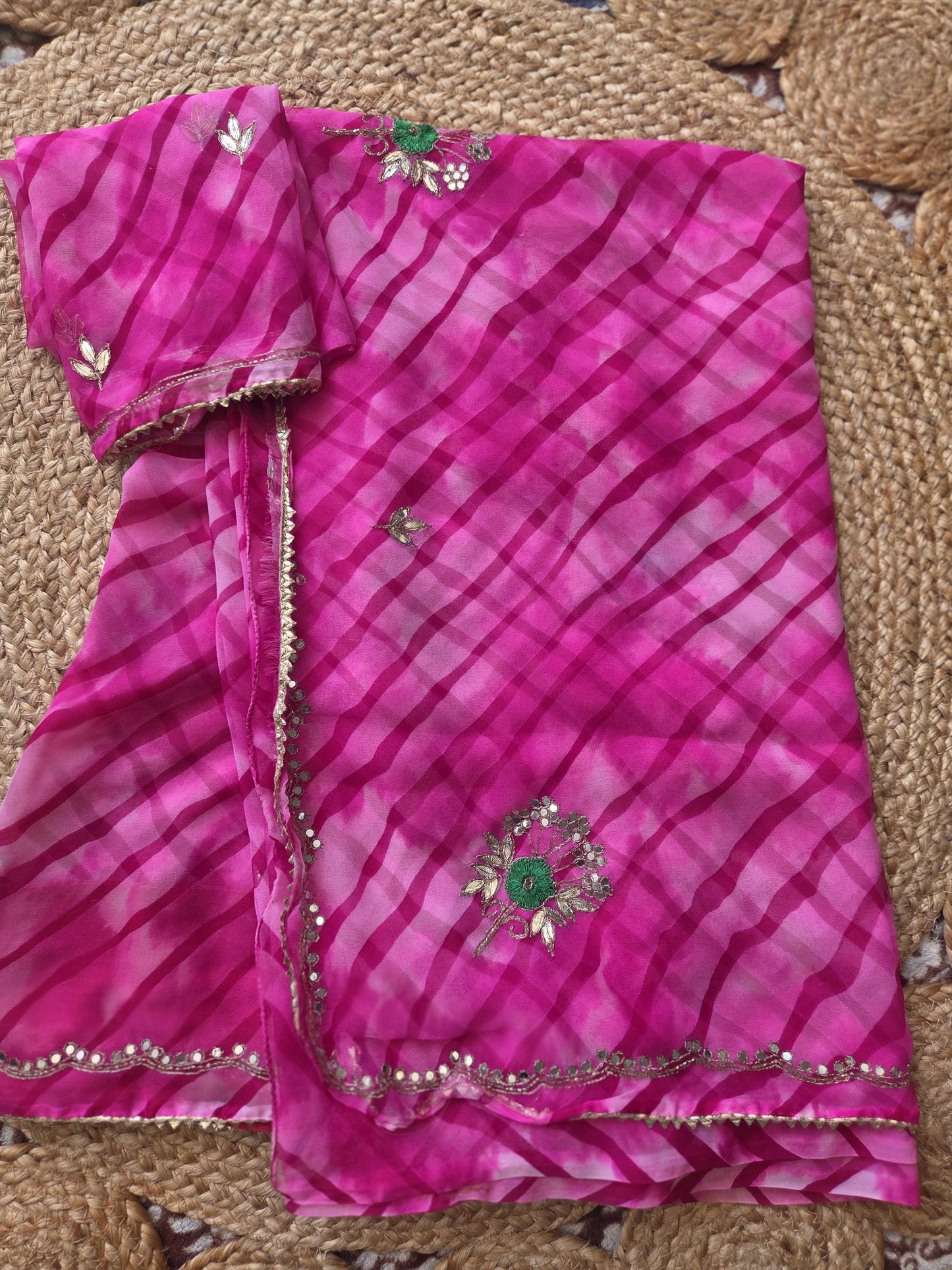 Pink Leheriya Saree, Gota Embroidery, Sequin Border, Mehendi Wear