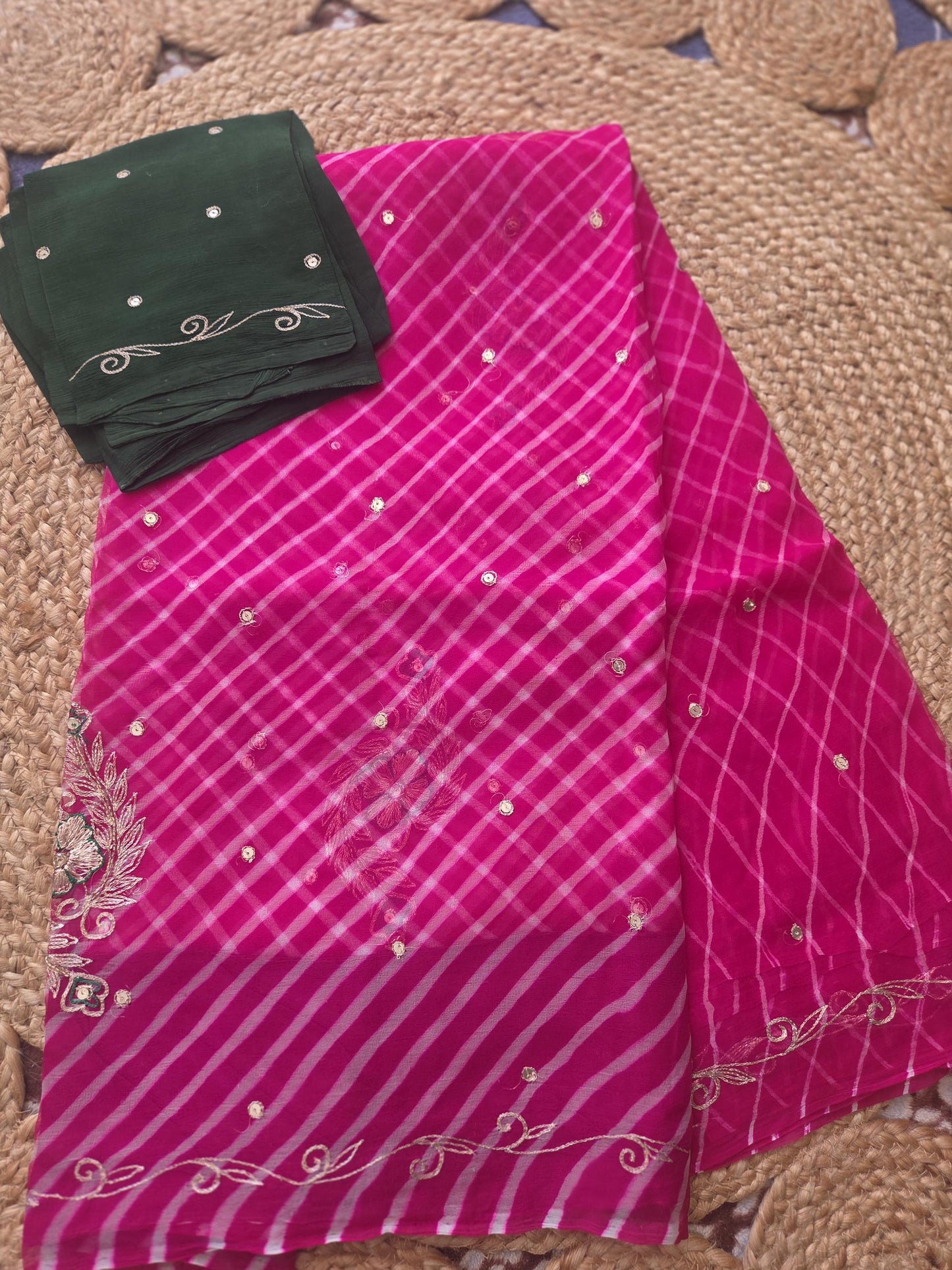 Pure Chiffon Leheriya Saree, Zari Embroidery, Sequin Border, Mehendi Wear