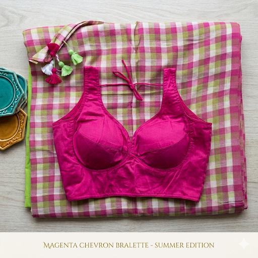 Pure Mul Cotton Saree & Blouse - Pink and Green Checks