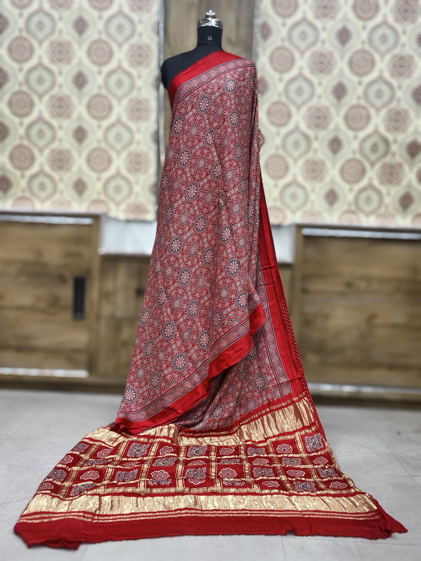 Modal Silk Ajrakh Hand Block Print Saree With Gharchola Checks Pallu
