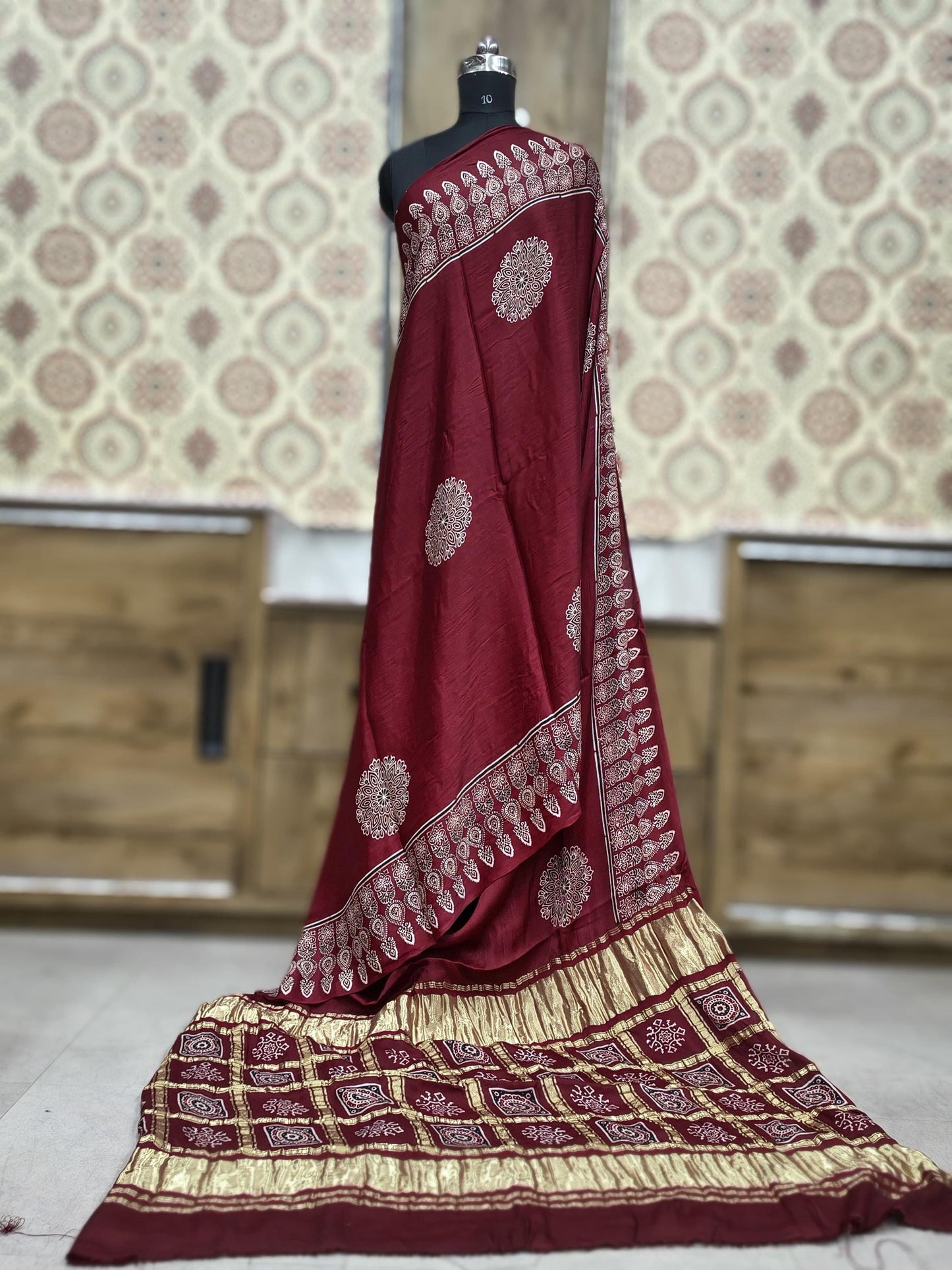 Modal Silk Ajrakh Hand Block Print Saree With Gharchola Checks Pallu