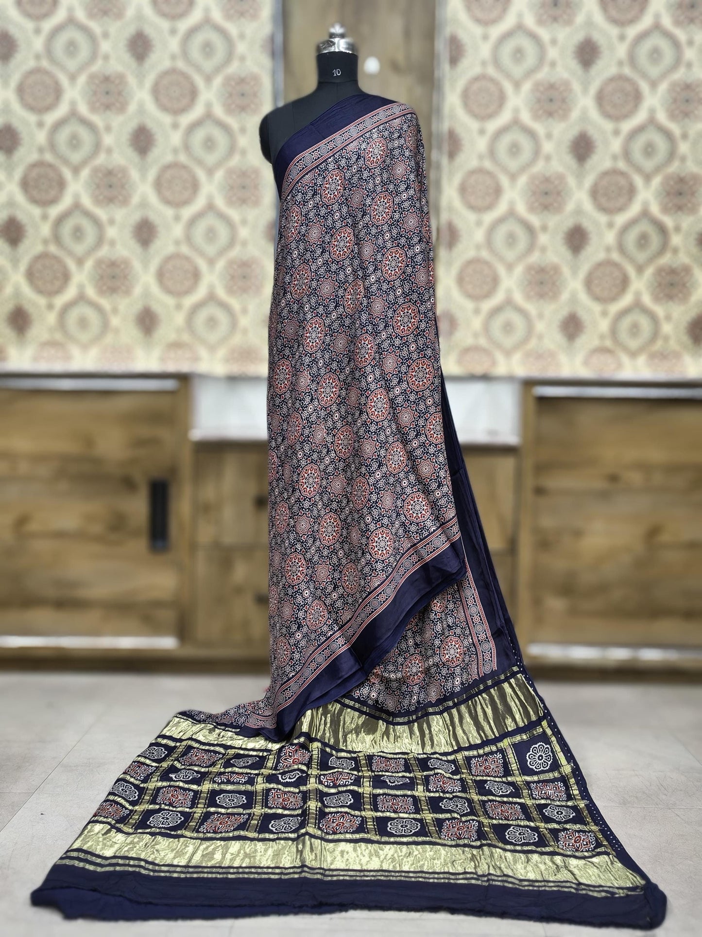 Modal Silk Ajrakh Hand Block Print Saree With Gharchola Checks Pallu