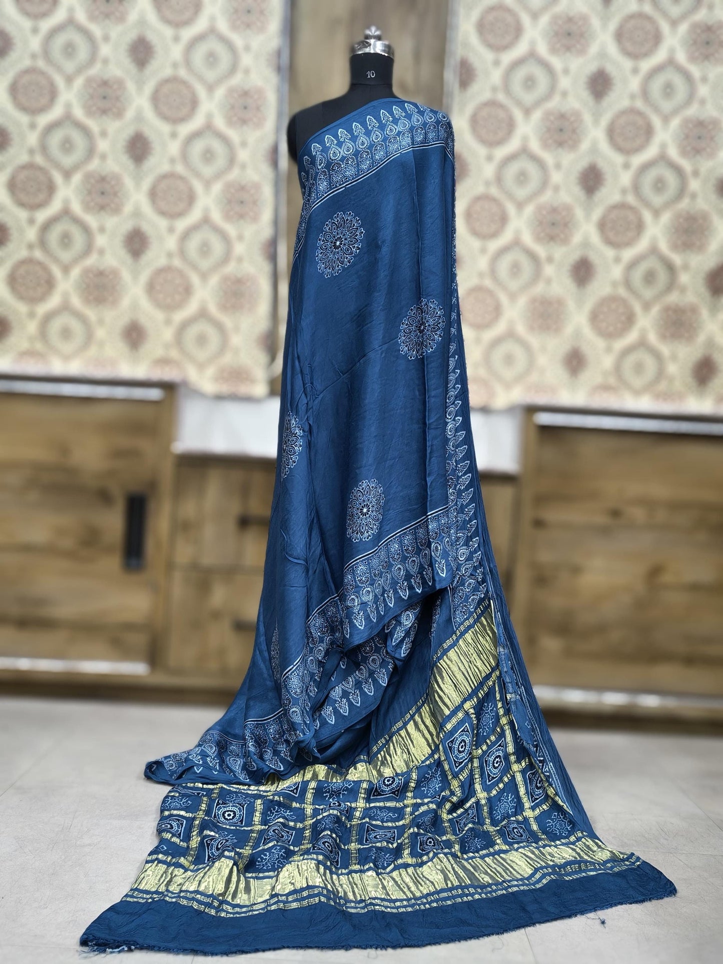 Modal Silk Ajrakh Hand Block Print Saree With Gharchola Checks Pallu