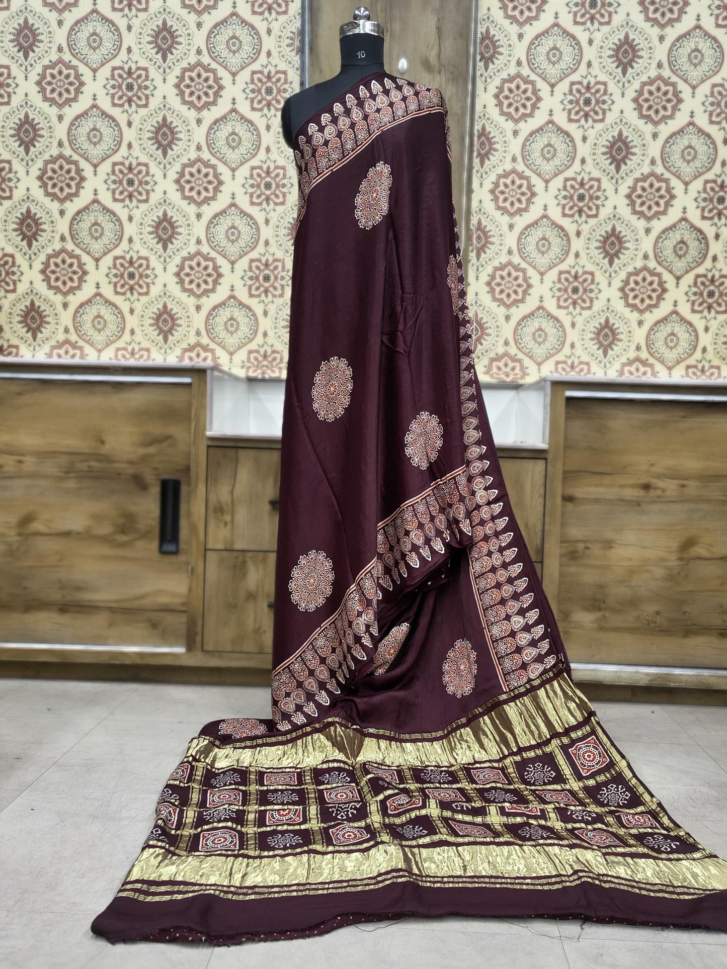 Modal Silk Ajrakh Hand Block Print Saree With Gharchola Checks Pallu