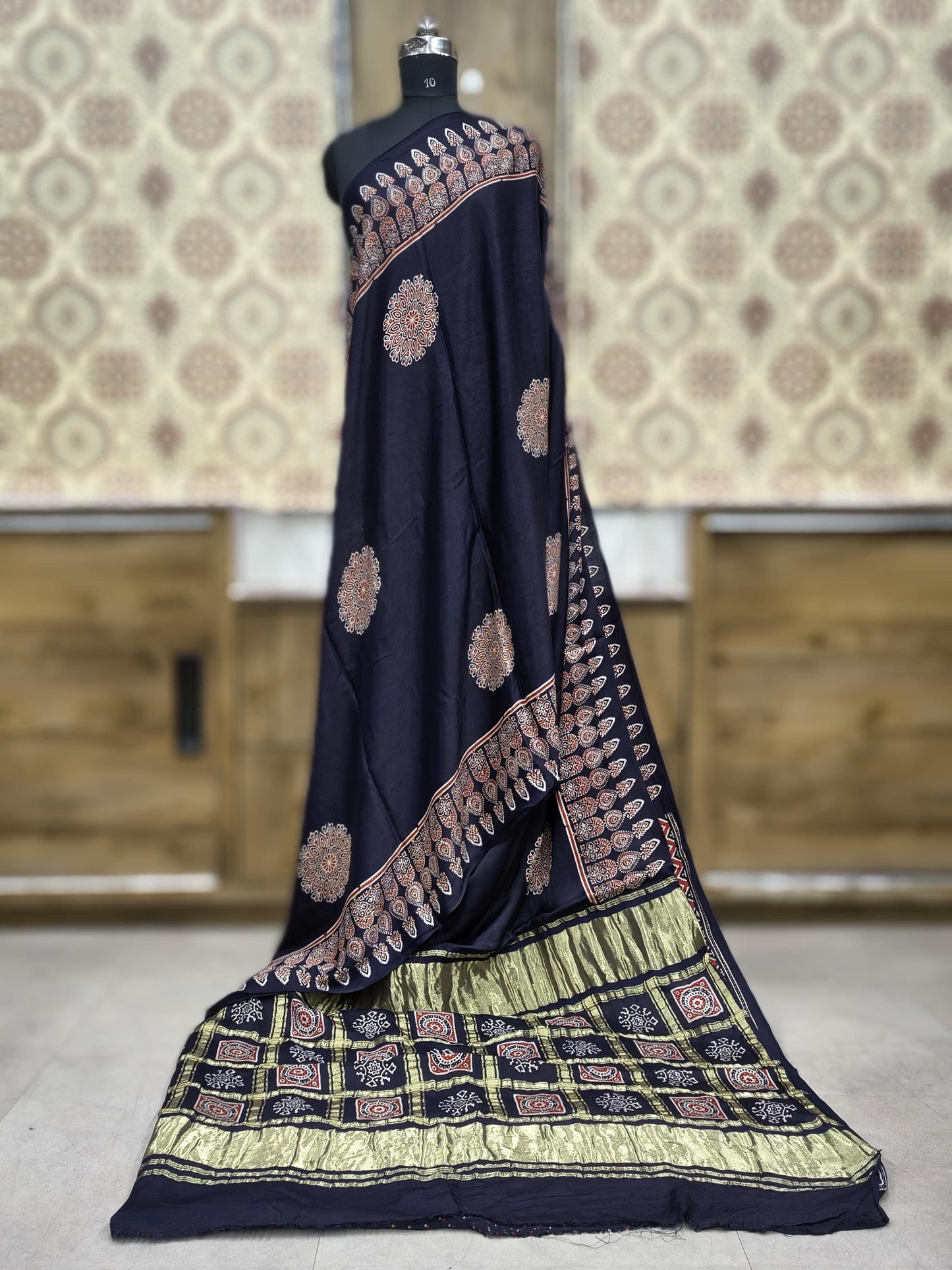 Modal Silk Ajrakh Hand Block Print Saree With Gharchola Checks Pallu
